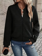 Women’s Zip-Up Textured Cardigan with Ribbed Hem and Long Sleeves