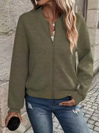 Women’s Zip-Up Textured Cardigan with Ribbed Hem and Long Sleeves