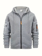 Men's Zip-Up Hoodie with Utility Pockets and Drawstring Hood