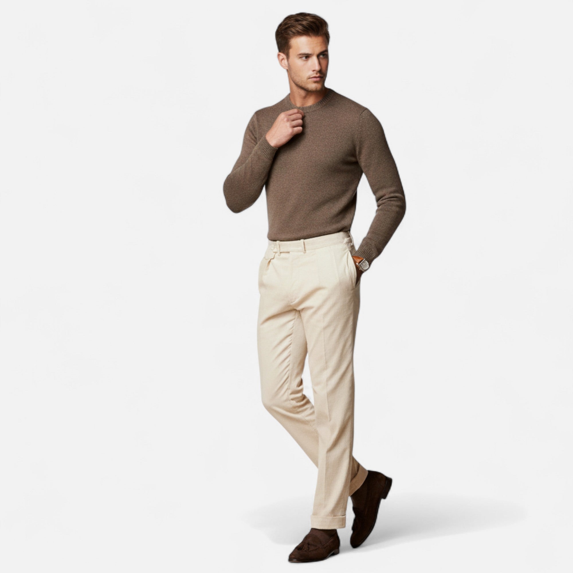 Men’s Tailored White Cotton-Blend Trousers
