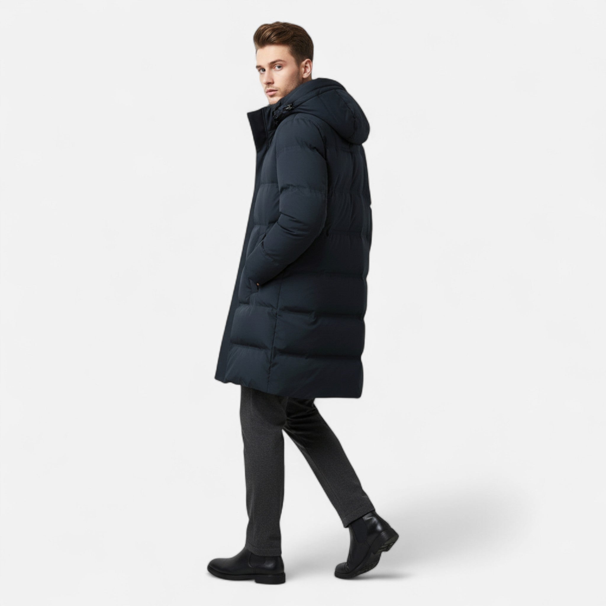 Men’s Premium Winter Down Parka Jacket – Hooded, Insulated & Elegant