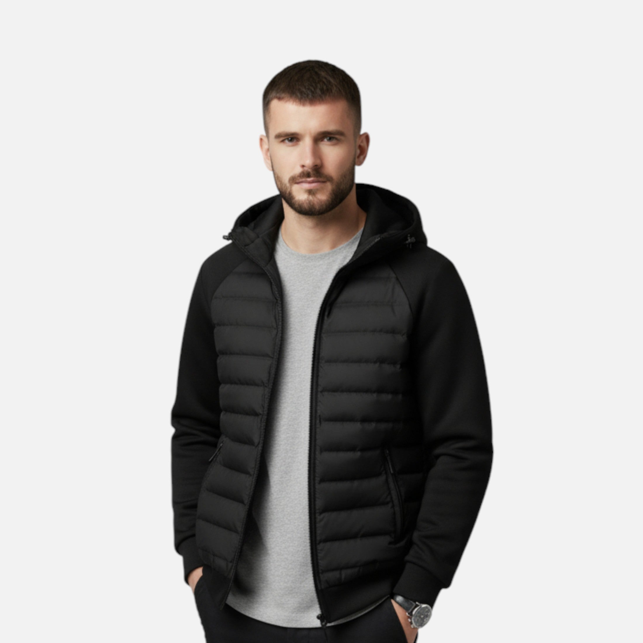 Men’s Hooded Down Jacket – Spliced Quilted Style