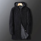 Men's Long Hooded Fleece Jacket with Zip Closure and Drawstring Hood