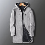 Men's Long Hooded Fleece Jacket with Zip Closure and Drawstring Hood