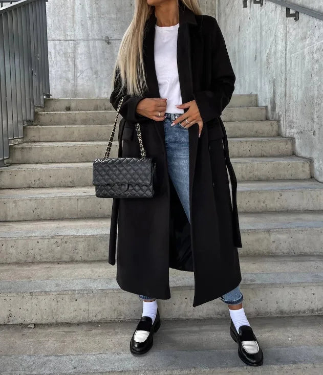 Women's Double-Breasted Winter Coat with Waist Belt and Classic Fit