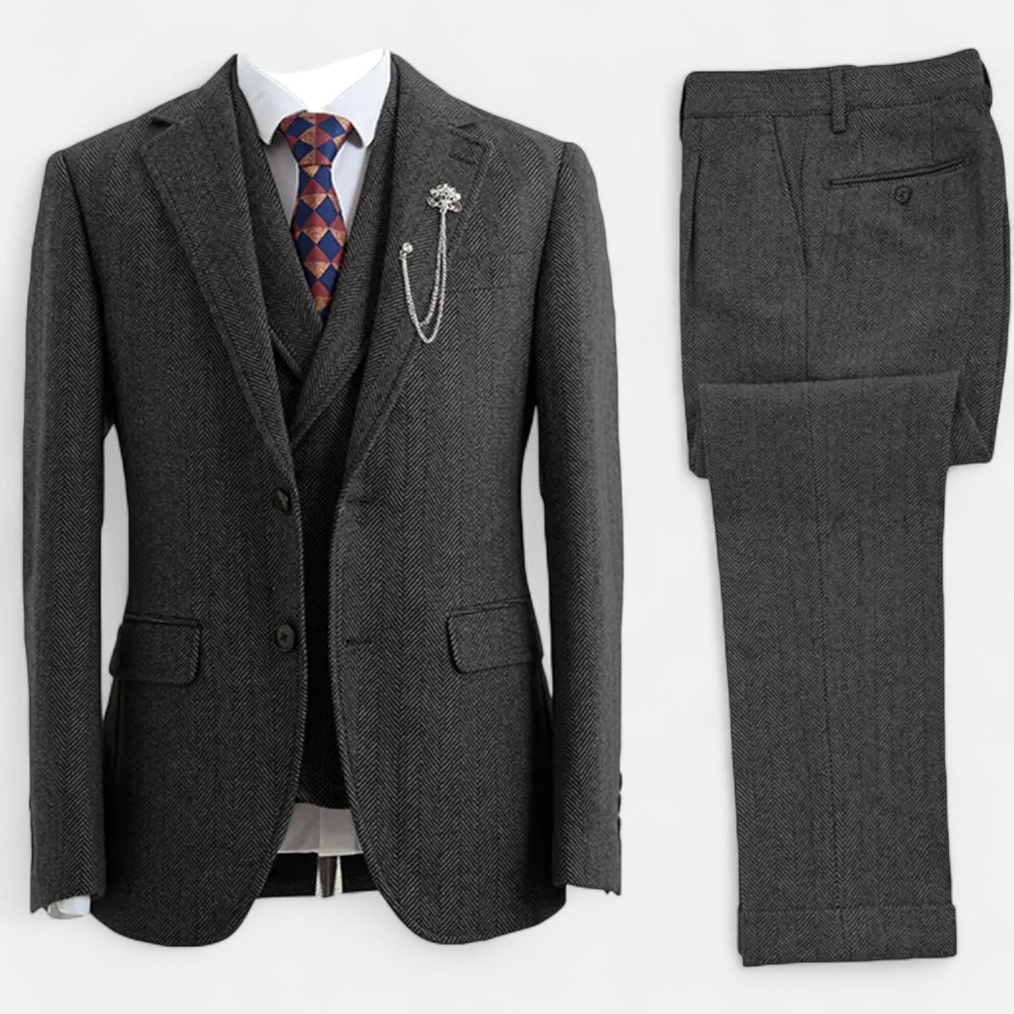 Men’s 3-Piece Tweed Herringbone Double-Breasted Suit