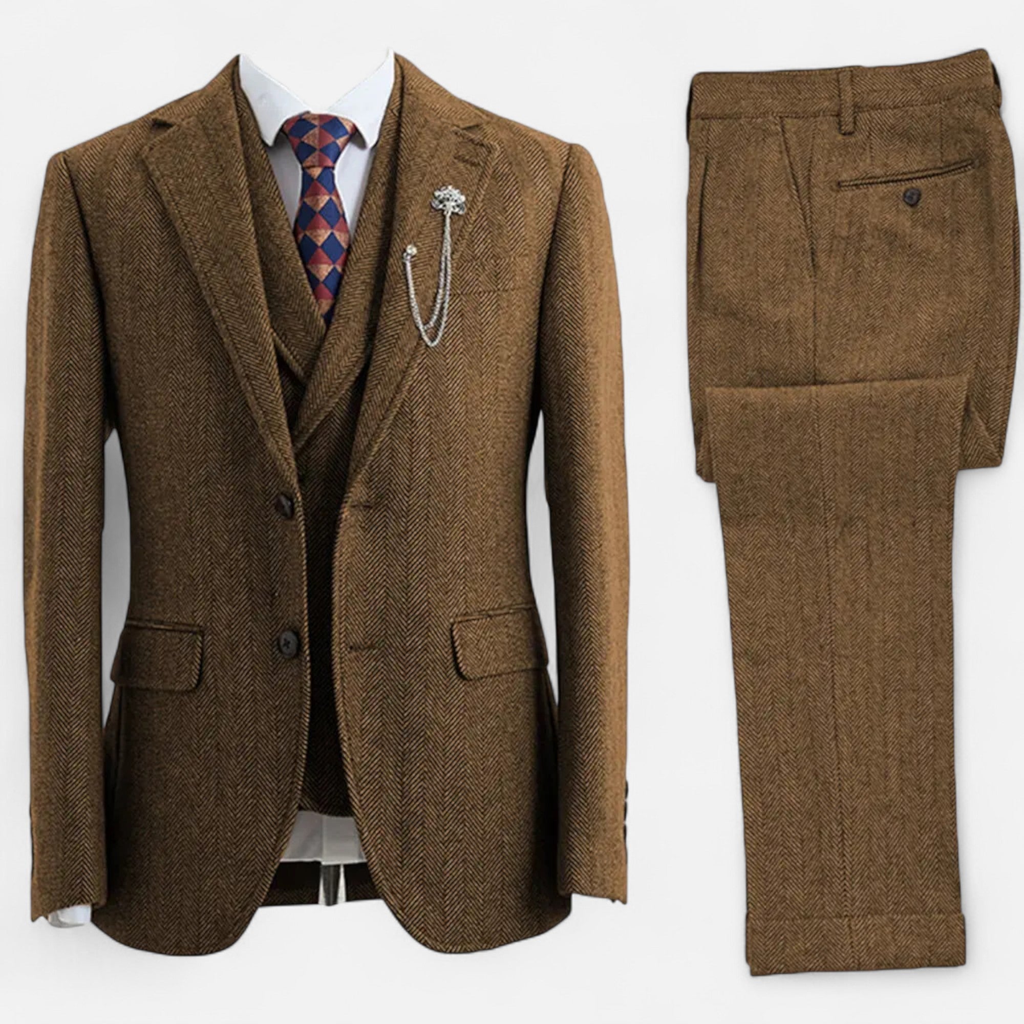 Men’s 3-Piece Tweed Herringbone Double-Breasted Suit