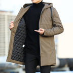 Men's Mid-Length Quilted Hooded Coat with Modern Zip Design