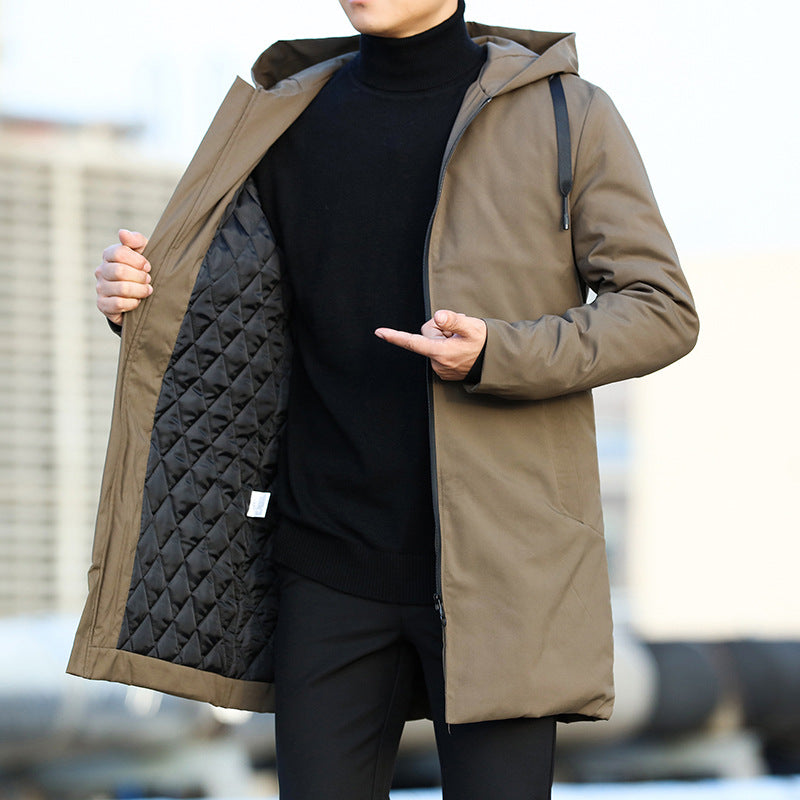 Men's Mid-Length Quilted Hooded Coat with Modern Zip Design