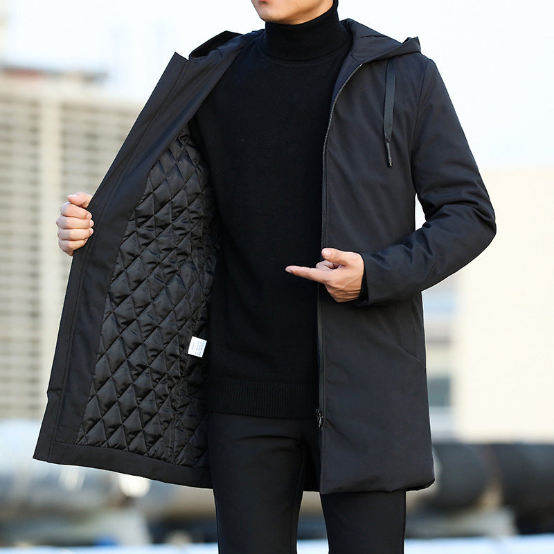 Men's Mid-Length Quilted Hooded Coat with Modern Zip Design