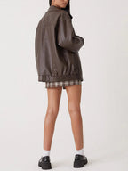 Women's Oversized Leather Bomber Jacket with Zipper Front