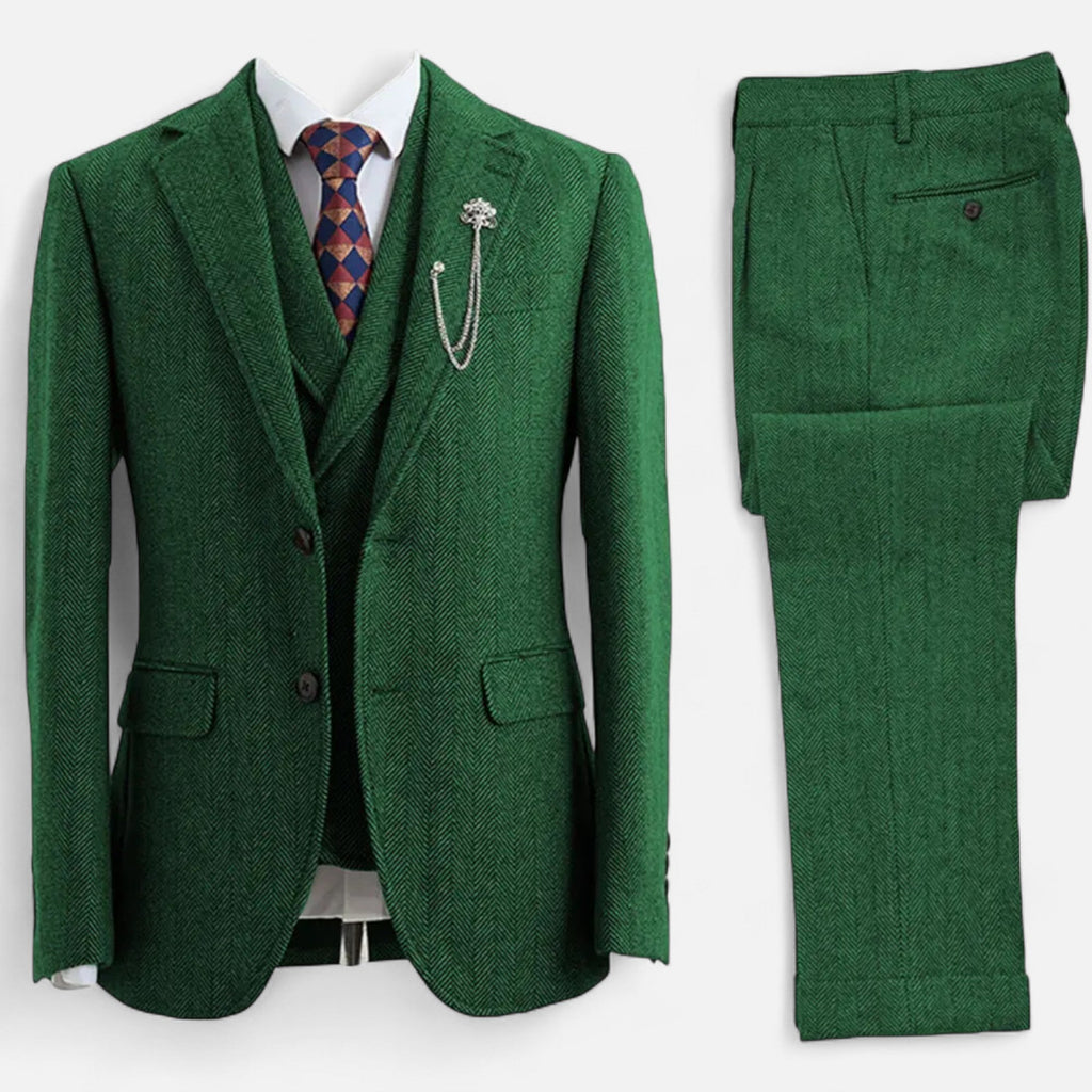 Men’s 3-Piece Tweed Herringbone Double-Breasted Suit