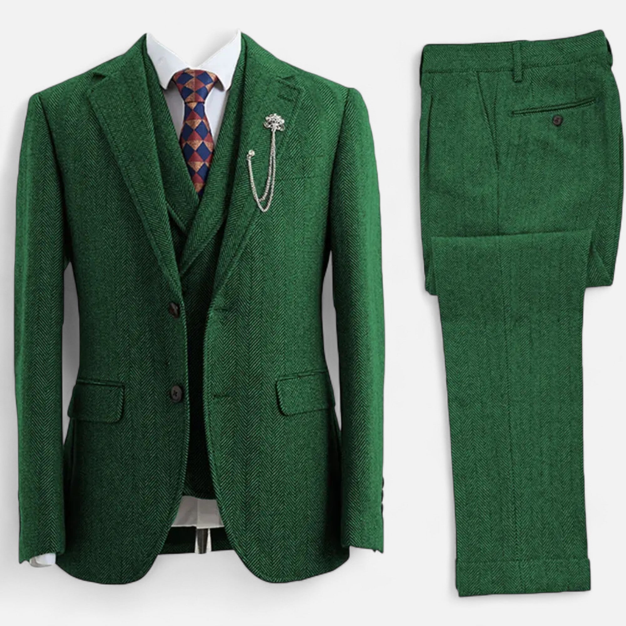 Men’s 3-Piece Tweed Herringbone Double-Breasted Suit