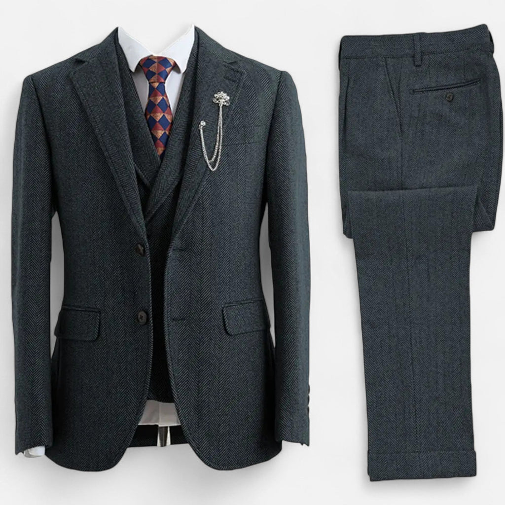 Men’s 3-Piece Tweed Herringbone Double-Breasted Suit