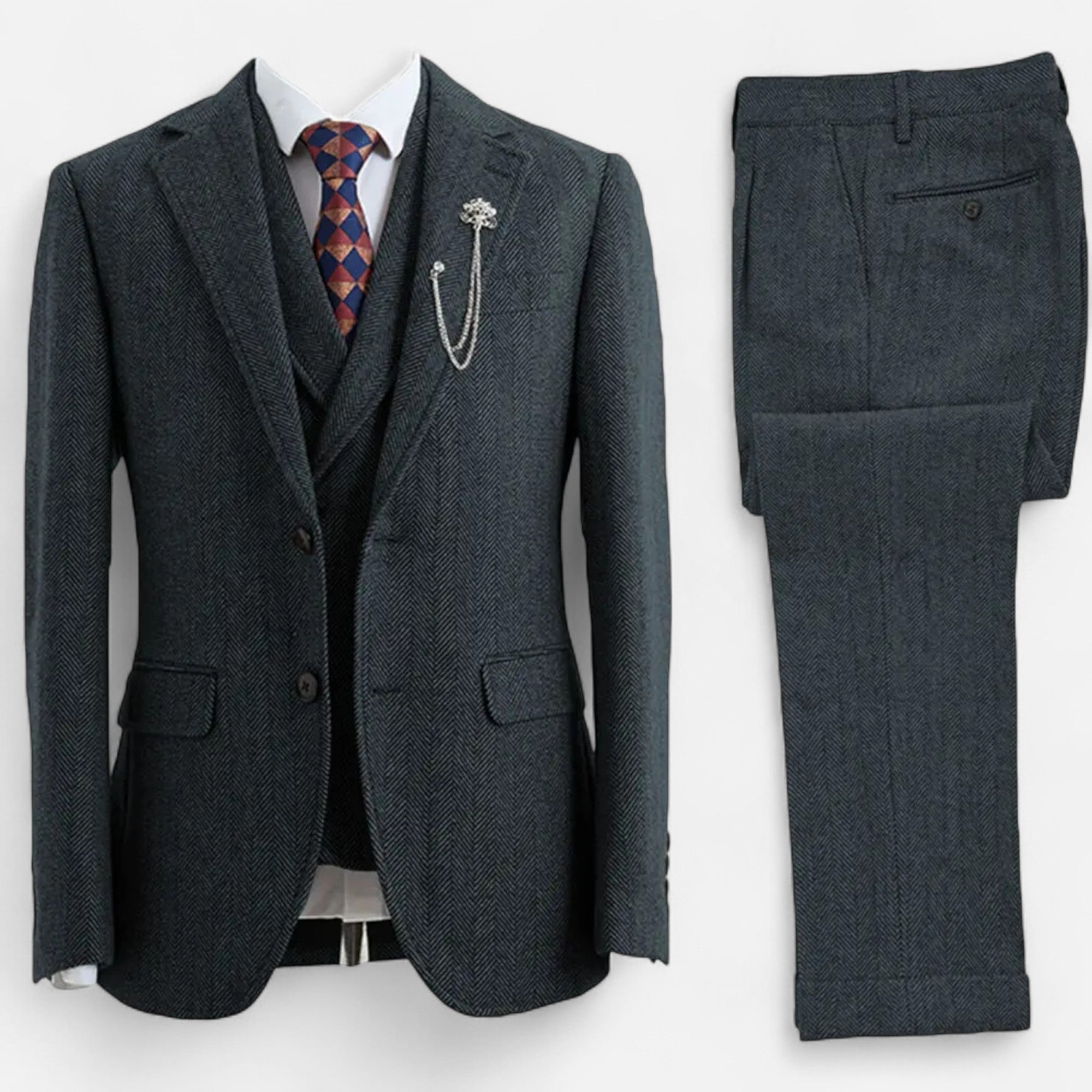 Men’s 3-Piece Tweed Herringbone Double-Breasted Suit