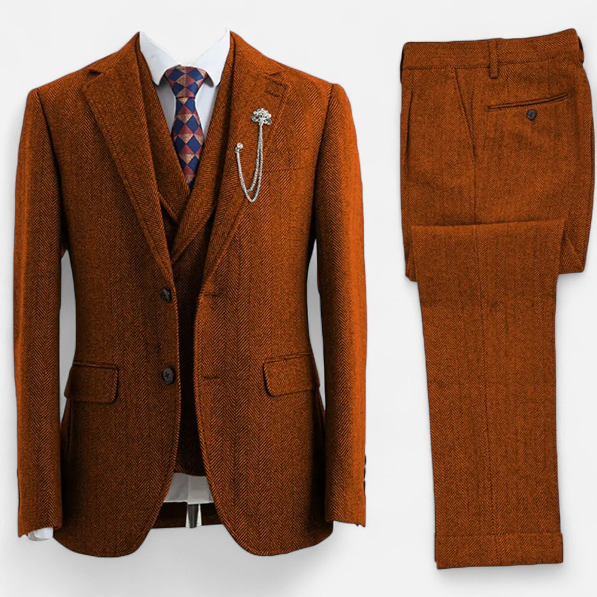 Men’s 3-Piece Tweed Herringbone Double-Breasted Suit