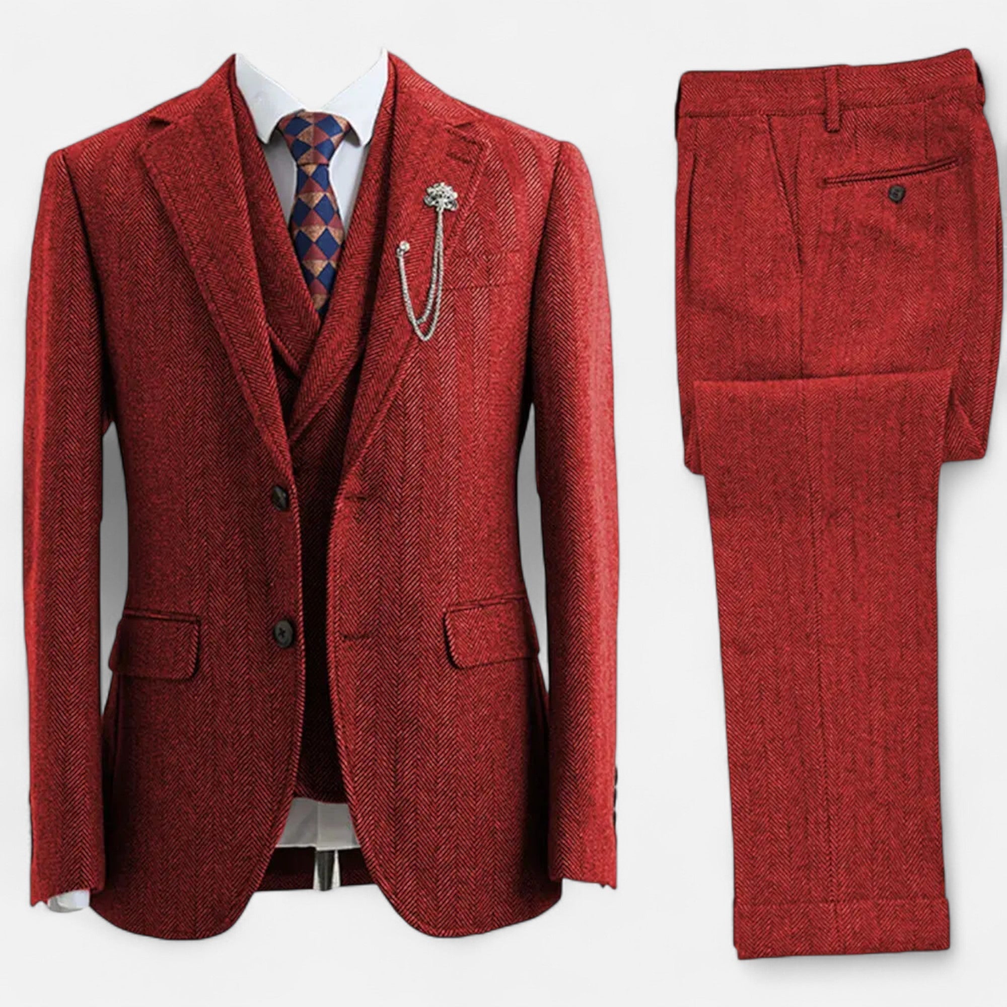 Men’s 3-Piece Tweed Herringbone Double-Breasted Suit