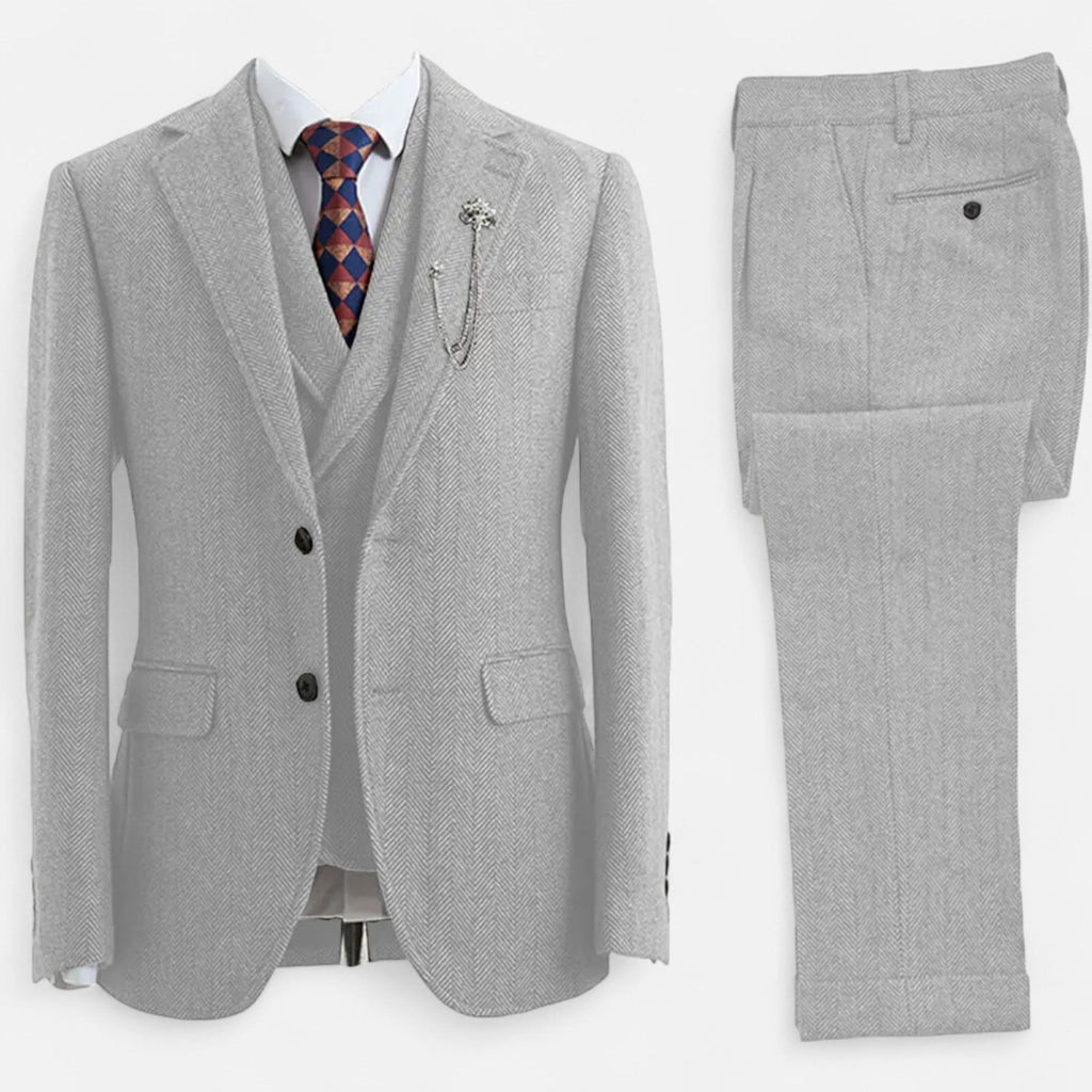 Men’s 3-Piece Tweed Herringbone Double-Breasted Suit